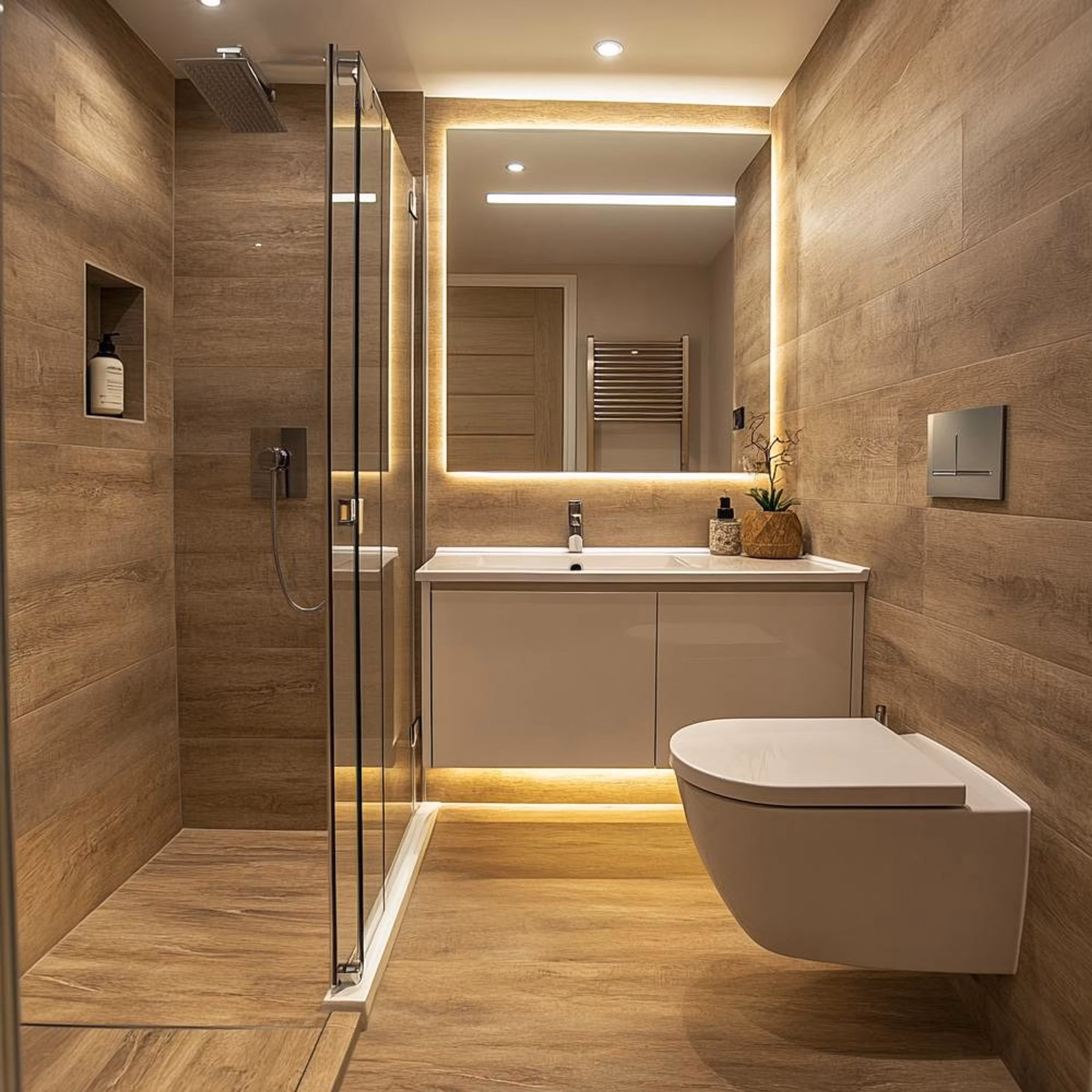 Elegant bathroom with freestanding bathtub, terrazzo flooring, and brass hardware